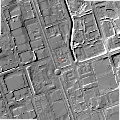 Shaded relief map of the ground around NE110SR, computed from Environment Agency LiDAR. The ground here sits at about 9 m above sea level and falls 13 m across the surrounding 800 m. Surface water reaching this point runs off ground lying to the south, 1.1 m higher.