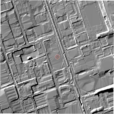 Shaded relief map of the ground around NE110ST, computed from Environment Agency LiDAR. The ground here sits at about 11 m above sea level and falls 10 m across the surrounding 800 m. The ground contributing surface water to this point lies to the north.