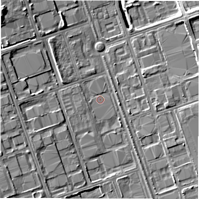 Shaded relief map of the ground around NE110SU, computed from Environment Agency LiDAR. The ground here sits at about 10 m above sea level and falls 11 m across the surrounding 800 m. Surface water reaching this point runs off ground lying to the west-south-west, 1.5 m higher.