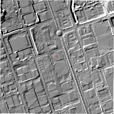 Shaded relief map of the ground around NE110SW, computed from Environment Agency LiDAR. The ground here sits at about 10 m above sea level and falls 12 m across the surrounding 800 m. The ground contributing surface water to this point lies to the south.
