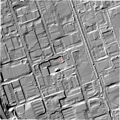 Shaded relief map of the ground around NE110SX, computed from Environment Agency LiDAR. The ground here sits at about 10 m above sea level and falls 23 m across the surrounding 800 m. Surface water reaching this point runs off ground lying to the south-west, 21.2 m higher.