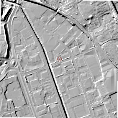Shaded relief map of the ground around NE110TX, computed from Environment Agency LiDAR. The ground here sits at about 7 m above sea level and falls 24 m across the surrounding 800 m. Surface water reaching this point runs off ground lying to the east, 1.2 m higher.