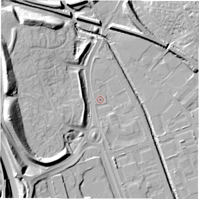 Shaded relief map of the ground around NE110UH, computed from Environment Agency LiDAR. The ground here sits at about 6 m above sea level and falls 25 m across the surrounding 800 m. Surface water reaching this point runs off ground lying to the west-south-west, 22.4 m higher.