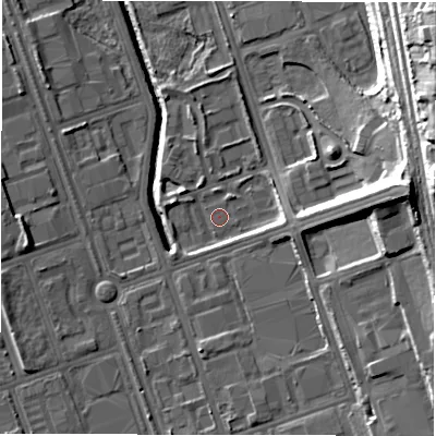 Shaded relief map of the ground around NE110XA, computed from Environment Agency LiDAR. The ground here sits at about 8 m above sea level and falls 26 m across the surrounding 800 m. Surface water reaching this point runs off ground lying to the west-north-west, 2.7 m higher.