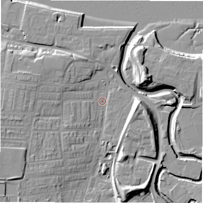 Shaded relief map of the ground around NE119AE, computed from Environment Agency LiDAR. The ground here sits at about 4 m above sea level and falls 16 m across the surrounding 800 m. Surface water reaching this point runs off ground lying to the south-west, 13.3 m higher.