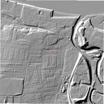 Shaded relief map of the ground around NE119AH, computed from Environment Agency LiDAR. The ground here sits at about 6 m above sea level and falls 18 m across the surrounding 800 m. Surface water reaching this point runs off ground lying to the south-west, 11.8 m higher.