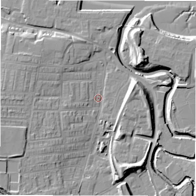 Shaded relief map of the ground around NE119BF, computed from Environment Agency LiDAR. The ground here sits at about 4 m above sea level and falls 17 m across the surrounding 800 m. Surface water reaching this point runs off ground lying to the south-west, 14.6 m higher.