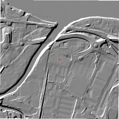 Shaded relief map of the ground around NE119BT, computed from Environment Agency LiDAR. The ground here sits at about 5 m above sea level and falls 13 m across the surrounding 800 m. The ground contributing surface water to this point lies to the south.