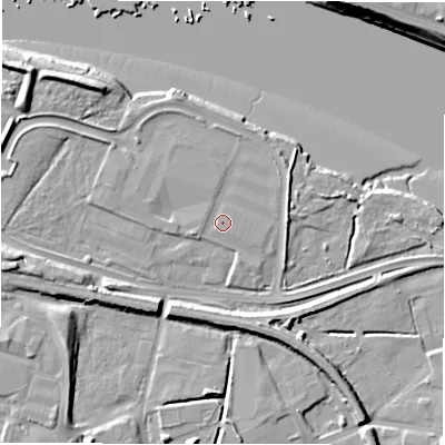 Shaded relief map of the ground around NE119DH, computed from Environment Agency LiDAR. The ground here sits at about 5 m above sea level and falls 13 m across the surrounding 800 m. Surface water reaching this point runs off ground lying to the west-north-west, 2.2 m higher.
