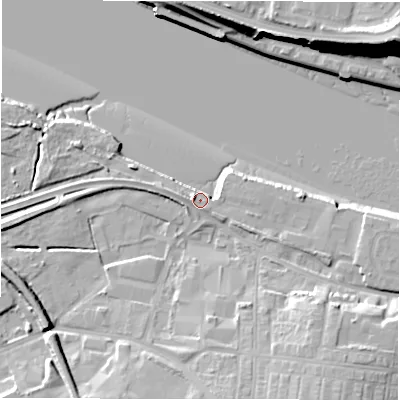 Shaded relief map of the ground around NE119DS, computed from Environment Agency LiDAR. The ground here sits at about 4 m above sea level and falls 22 m across the surrounding 800 m. Surface water reaching this point runs off ground lying to the east-south-east, 3.7 m higher.