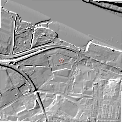 Shaded relief map of the ground around NE119DW, computed from Environment Agency LiDAR. The ground here sits at about 4 m above sea level and falls 17 m across the surrounding 800 m. Surface water reaching this point runs off ground lying to the south-east, 11.7 m higher.