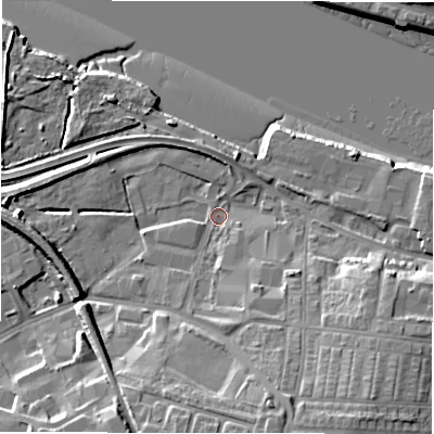 Shaded relief map of the ground around NE119EJ, computed from Environment Agency LiDAR. The ground here sits at about 3 m above sea level and falls 14 m across the surrounding 800 m. Surface water reaching this point runs off ground lying to the south-south-east, 11.2 m higher.