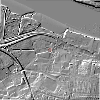 Shaded relief map of the ground around NE119EL, computed from Environment Agency LiDAR. The ground here sits at about 3 m above sea level and falls 14 m across the surrounding 800 m. Surface water reaching this point runs off ground lying to the south-east, 11.2 m higher.