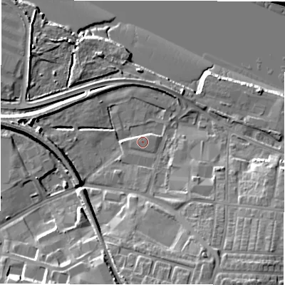 Shaded relief map of the ground around NE119EP, computed from Environment Agency LiDAR. The ground here sits at about 5 m above sea level and falls 15 m across the surrounding 800 m. Surface water reaching this point runs off ground lying to the south-east, 11.5 m higher.