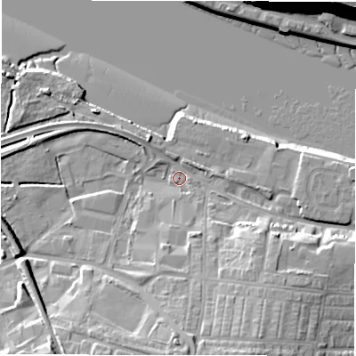 Shaded relief map of the ground around NE119EZ, computed from Environment Agency LiDAR. The ground here sits at about 3 m above sea level and falls 21 m across the surrounding 800 m. Surface water reaching this point runs off ground lying to the south-south-east, 11.2 m higher.