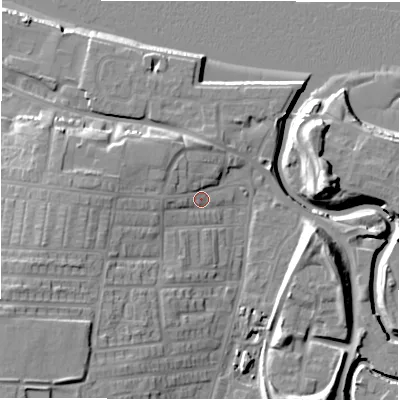Shaded relief map of the ground around NE119HN, computed from Environment Agency LiDAR. The ground here sits at about 6 m above sea level and falls 17 m across the surrounding 800 m. Surface water reaching this point runs off ground lying to the west-south-west, 7.5 m higher.