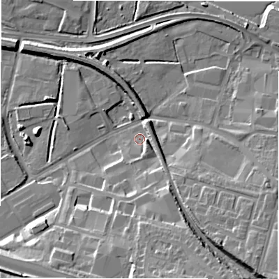 Shaded relief map of the ground around NE119HS, computed from Environment Agency LiDAR. The ground here sits at about 4 m above sea level and falls 18 m across the surrounding 800 m. Surface water reaching this point runs off ground lying to the south, 14.8 m higher.