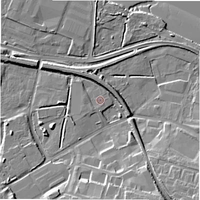 Shaded relief map of the ground around NE119HU, computed from Environment Agency LiDAR. The ground here sits at about 4 m above sea level and falls 15 m across the surrounding 800 m. Surface water reaching this point runs off ground lying to the south, 1.2 m higher.