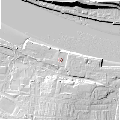 Shaded relief map of the ground around NE119JB, computed from Environment Agency LiDAR. The ground here sits at about 5 m above sea level and falls 22 m across the surrounding 800 m. The ground contributing surface water to this point lies to the south.