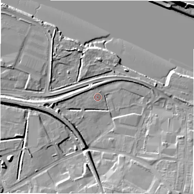 Shaded relief map of the ground around NE119JD, computed from Environment Agency LiDAR. The ground here sits at about 4 m above sea level and falls 16 m across the surrounding 800 m. Surface water reaching this point runs off ground lying to the west-south-west, 5.9 m higher.