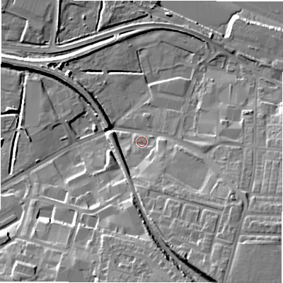 Shaded relief map of the ground around NE119JL, computed from Environment Agency LiDAR. The ground here sits at about 5 m above sea level and falls 17 m across the surrounding 800 m. Surface water reaching this point runs off ground lying to the south-south-east, 13.0 m higher.