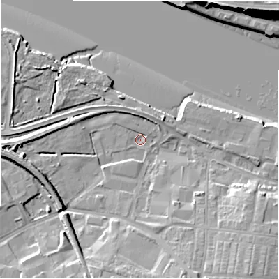 Shaded relief map of the ground around NE119JQ, computed from Environment Agency LiDAR. The ground here sits at about 3 m above sea level and falls 19 m across the surrounding 800 m. Surface water reaching this point runs off ground lying to the south-east, 10.7 m higher.