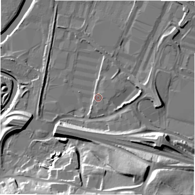 Shaded relief map of the ground around NE119NH, computed from Environment Agency LiDAR. The ground here sits at about 6 m above sea level and falls 27 m across the surrounding 800 m. Surface water reaching this point runs off ground lying to the east-north-east, 2.9 m higher.