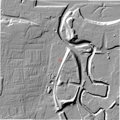 Shaded relief map of the ground around NE119QU, computed from Environment Agency LiDAR. The ground here sits at about 4 m above sea level and falls 16 m across the surrounding 800 m. Surface water reaching this point runs off ground lying to the north-east, 7.6 m higher.