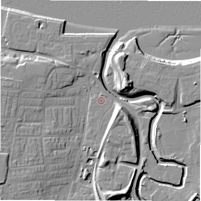 Shaded relief map of the ground around NE119QX, computed from Environment Agency LiDAR. The ground here sits at about 4 m above sea level and falls 15 m across the surrounding 800 m. The ground contributing surface water to this point lies to the west.