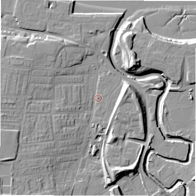 Shaded relief map of the ground around NE119QY, computed from Environment Agency LiDAR. The ground here sits at about 4 m above sea level and falls 17 m across the surrounding 800 m. Surface water reaching this point runs off ground lying to the south-west, 13.8 m higher.