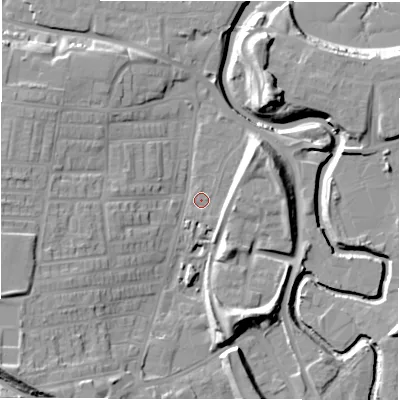 Shaded relief map of the ground around NE119QZ, computed from Environment Agency LiDAR. The ground here sits at about 4 m above sea level and falls 17 m across the surrounding 800 m. Surface water reaching this point runs off ground lying to the south-west, 14.2 m higher.