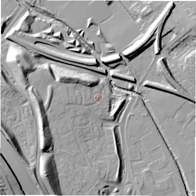Shaded relief map of the ground around NE119TF, computed from Environment Agency LiDAR. The ground here sits at about 10 m above sea level and falls 31 m across the surrounding 800 m. Surface water reaching this point runs off ground lying to the west, 4.4 m higher.