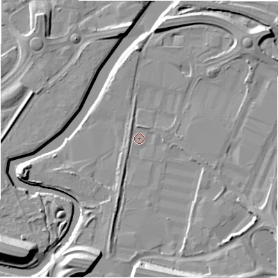 Shaded relief map of the ground around NE119XS, computed from Environment Agency LiDAR. The ground here sits at about 5 m above sea level and falls 15 m across the surrounding 800 m. Surface water reaching this point runs off ground lying to the north-east, 5.5 m higher.