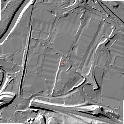 Shaded relief map of the ground around NE119XW, computed from Environment Agency LiDAR. The ground here sits at about 6 m above sea level and falls 19 m across the surrounding 800 m. Surface water reaching this point runs off ground lying to the south-south-west, 2.0 m higher.