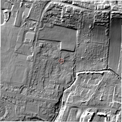 Shaded relief map of the ground around NE127FA, computed from Environment Agency LiDAR. The ground here sits at about 60 m above sea level and falls 23 m across the surrounding 800 m. Surface water reaching this point runs off ground lying to the west-south-west, 3.3 m higher.