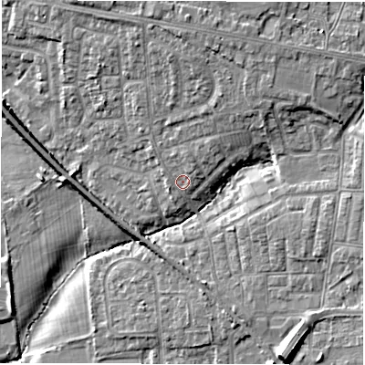 Shaded relief map of the ground around NE127JQ, computed from Environment Agency LiDAR. The ground here sits at about 58 m above sea level and falls 13 m across the surrounding 800 m. Surface water reaching this point runs off ground lying to the north-north-east, 5.0 m higher.