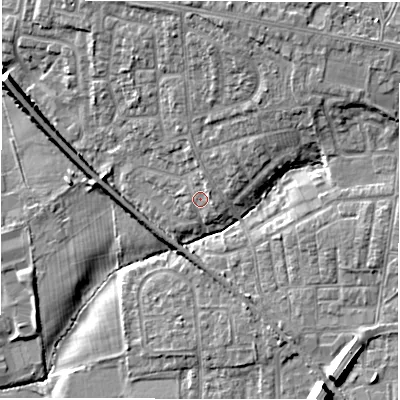 Shaded relief map of the ground around NE127JT, computed from Environment Agency LiDAR. The ground here sits at about 57 m above sea level and falls 14 m across the surrounding 800 m. Surface water reaching this point runs off ground lying to the north-north-east, 1.0 m higher.