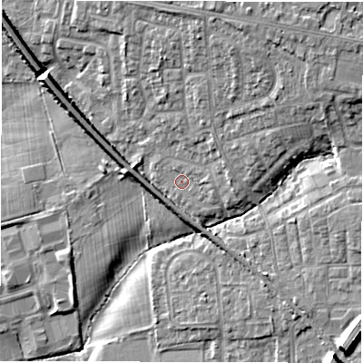 Shaded relief map of the ground around NE127JU, computed from Environment Agency LiDAR. The ground here sits at about 56 m above sea level and falls 14 m across the surrounding 800 m. Surface water reaching this point runs off ground lying to the east, 1.5 m higher.