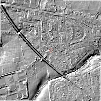 Shaded relief map of the ground around NE127PS, computed from Environment Agency LiDAR. The ground here sits at about 56 m above sea level and falls 12 m across the surrounding 800 m. Surface water reaching this point runs off ground lying to the north-east, 6.2 m higher.