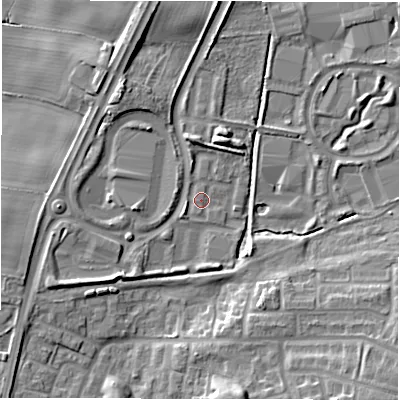 Shaded relief map of the ground around NE128EG, computed from Environment Agency LiDAR. The ground here sits at about 47 m above sea level and falls 9 m across the surrounding 800 m. Surface water reaching this point runs off ground lying to the south-south-east, 9.0 m higher.