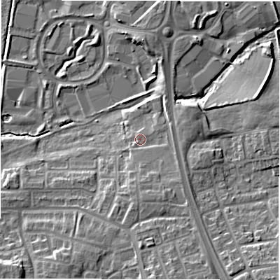 Shaded relief map of the ground around NE128EH, computed from Environment Agency LiDAR. The ground here sits at about 50 m above sea level and falls 12 m across the surrounding 800 m. Surface water reaching this point runs off ground lying to the south-south-east, 6.9 m higher.