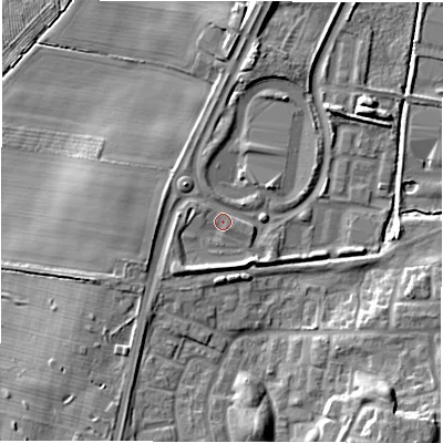 Shaded relief map of the ground around NE128ET, computed from Environment Agency LiDAR. The ground here sits at about 49 m above sea level and falls 10 m across the surrounding 800 m. Surface water reaching this point runs off ground lying to the south-west, 3.5 m higher.