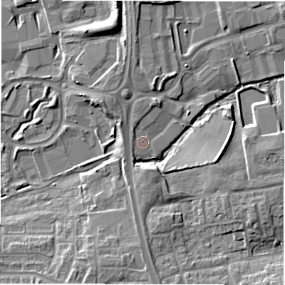 Shaded relief map of the ground around NE128EU, computed from Environment Agency LiDAR. The ground here sits at about 50 m above sea level and falls 9 m across the surrounding 800 m. Surface water reaching this point runs off ground lying to the south, 7.0 m higher.