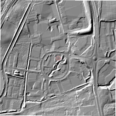 Shaded relief map of the ground around NE128EW, computed from Environment Agency LiDAR. The ground here sits at about 47 m above sea level and falls 10 m across the surrounding 800 m. Surface water reaching this point runs off ground lying to the north-north-east, 9.3 m higher.