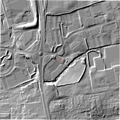 Shaded relief map of the ground around NE128EX, computed from Environment Agency LiDAR. The ground here sits at about 50 m above sea level and falls 9 m across the surrounding 800 m. Surface water reaching this point runs off ground lying to the south-east, 8.4 m higher.