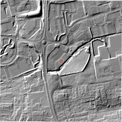 Shaded relief map of the ground around NE128EZ, computed from Environment Agency LiDAR. The ground here sits at about 50 m above sea level and falls 9 m across the surrounding 800 m. Surface water reaching this point runs off ground lying to the east-south-east, 8.4 m higher.