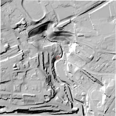 Shaded relief map of the ground around NE12AR, computed from Environment Agency LiDAR. The ground here sits at about 3 m above sea level and falls 44 m across the surrounding 800 m. Surface water reaching this point runs off ground lying to the north-east, 42.1 m higher.