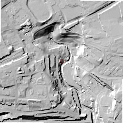 Shaded relief map of the ground around NE12PN, computed from Environment Agency LiDAR. The ground here sits at about 6 m above sea level and falls 44 m across the surrounding 800 m. Surface water reaching this point runs off ground lying to the north-east, 42.0 m higher.