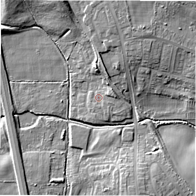 Shaded relief map of the ground around NE136DZ, computed from Environment Agency LiDAR. The ground here sits at about 59 m above sea level and falls 15 m across the surrounding 800 m. Surface water reaching this point runs off ground lying to the south-east, 1.7 m higher.