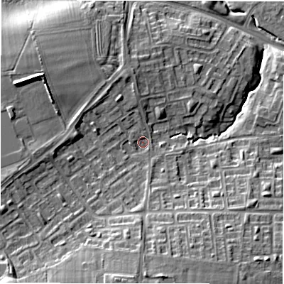 Shaded relief map of the ground around NE137AN, computed from Environment Agency LiDAR. The ground here sits at about 60 m above sea level and falls 16 m across the surrounding 800 m. Surface water reaching this point runs off ground lying to the south, 9.5 m higher.